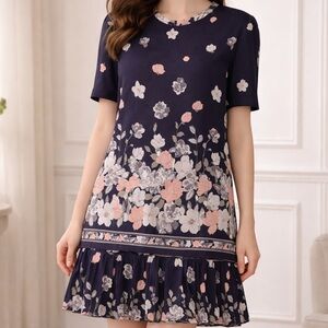 Vintage 80s 90s Kristy
Michaels Dress SZ 14 Navy Floral Pleated Bottom USA